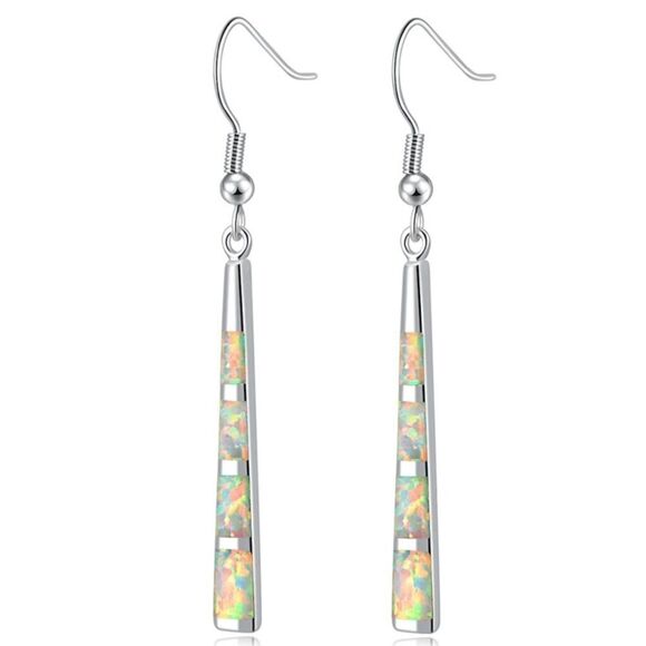 14K White Gold with Genuine White Fire Opal Dangling Hook Tapered Bar Earrings - Picture 1 of 5